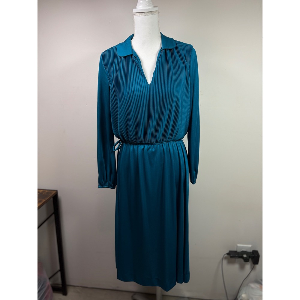 Sunshine Alley Vintage Teal Pleated Midi Dress Long Sleeve V-Neck 10 USA Made